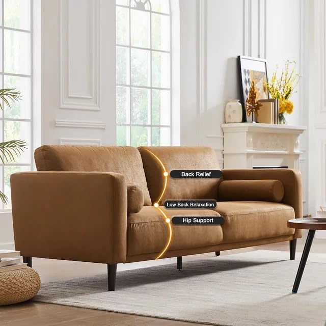 HIFIT 79" Sofa Couches for Living Room Mid-Century Modern Decor Faux Leather Couch with Deep Seat&Cloud Cushions&2 Pillow, 3 Seater Home Sofa Living Room Brown Loveseat for Office, Bedroom, Apartment