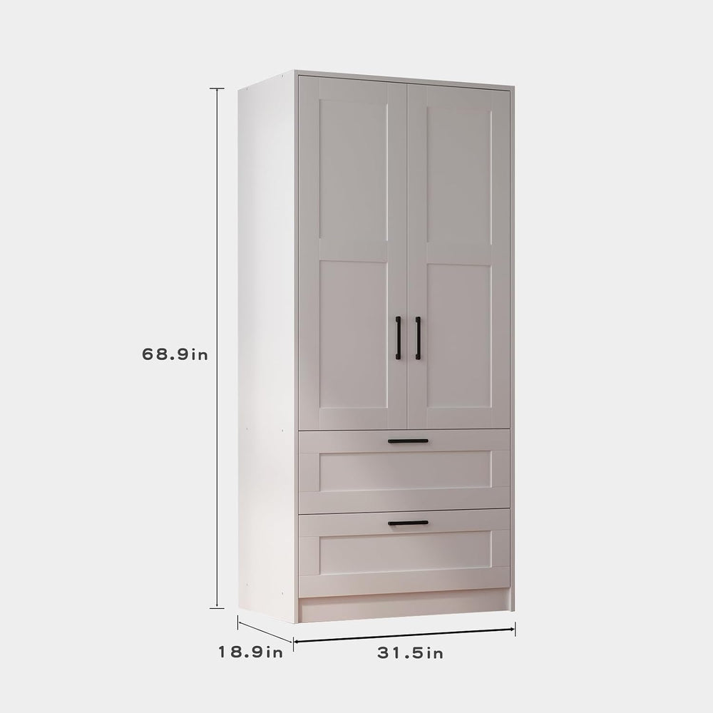 Fenghua Lizhi Wood White Wardrobe Closet with 2 Doors and 2 Drawers，Bedroom F...