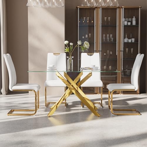 5-Piece Dining Table Set for 4, Modern Rectangular Glass Table with 4 Upholst...