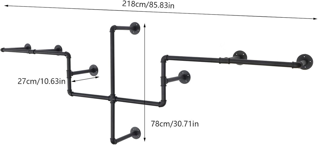 Industrial Pipe Clothes Rack Wall Mounted, 85.83 inches Heavy Duty Iron Pipe Clothing Garment Rail, Multi-Purpose Clothing Hanging Rod for Laundry Room and Closet Storage