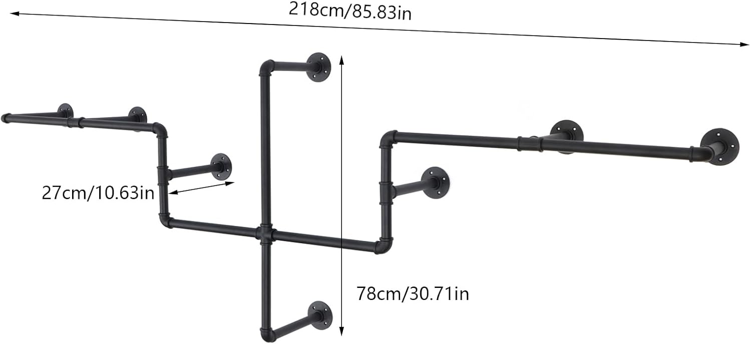 Industrial Pipe Clothes Rack Wall Mounted, 85.83 inches Heavy Duty Iron Pipe Clothing Garment Rail, Multi-Purpose Clothing Hanging Rod for Laundry Room and Closet Storage