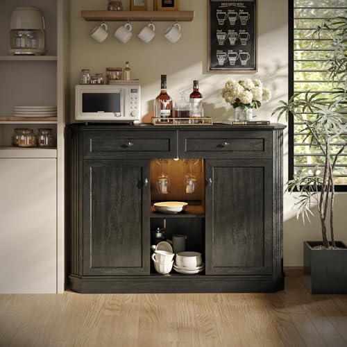 47" Wine Bar Cabinet with LED Light & Power Outlets, 2 Door Coffee B...