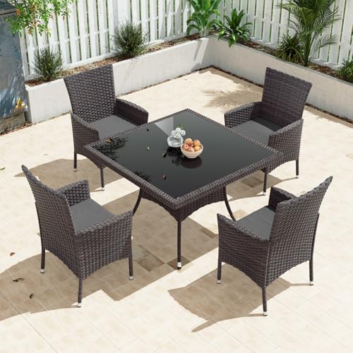 Gotland 5 Piece Outdoor Dining Set, All-Weather Rattan Patio Furniture Set wi...