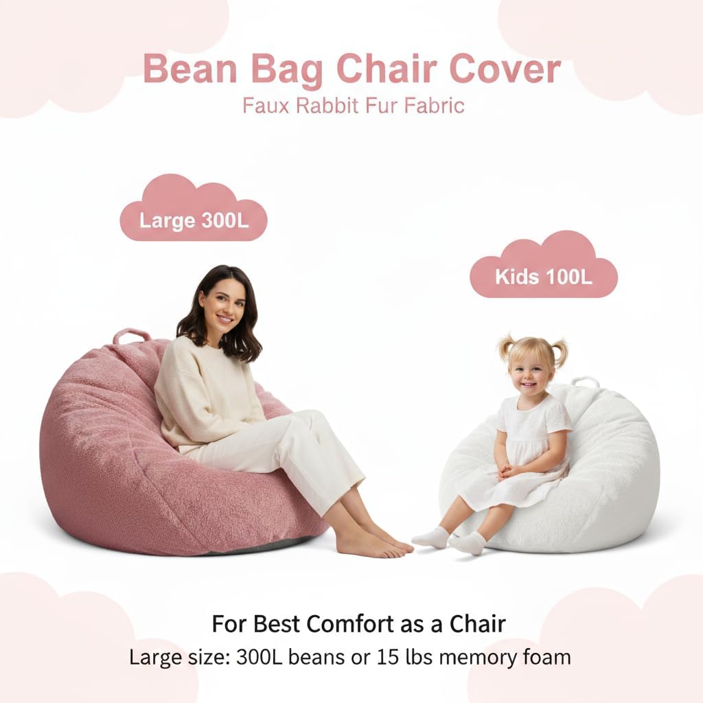 Faux Rabbit Fur Bean Bag Chair Cover Only (No Filler), Stuffed Animal Storage Bean Bag Cover, Ultra‑Soft, Washable, Zippered, Non‑Slip Bottom, Handle,Living Room Furniture for Adults Pink