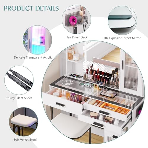 WOOVIVS Vanity Desk with Lights and Mirrror&Charger for Bedroom-White | 6...