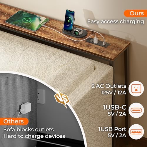 SUPERJARE 102.4 Inch Sofa Table with Power Outlets and USB-C Port,Rusitc Brown