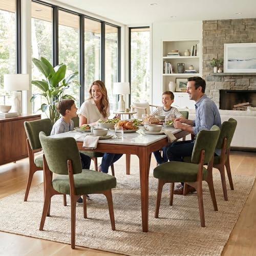 YOUNIKE Wooden Dining Chair, Chenille Fabric Upholstered Dining Room Chair Kitchen Side Chair, Farmhouse Dinner Chair with Solid Wood Legs for Kitchen Dining Vanity, Green (Single Pack)
