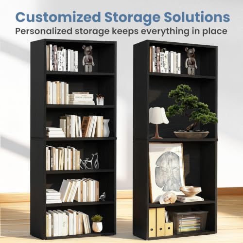 DUMOS 6-Tier Bookcase, 63 Inch Tall Open Bookshelf, Modern Black