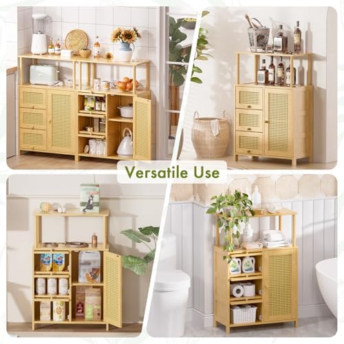 Amazer Sideboard Buffet Cabinet with Storage, Bamboo Storage Cabinets, Rattan...