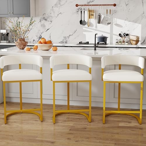 Modern Barrel Bar Stools Set of 3, 24" Velvet Counter Height Stools with...