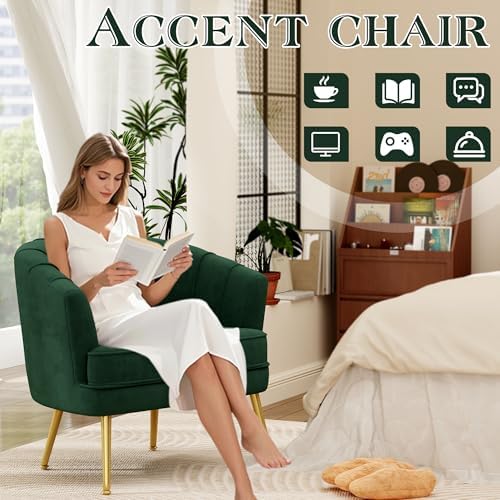 Andeworld Velvet Accent Chair, Barrel Armchair, Green | Velvet Upholstery, Go...