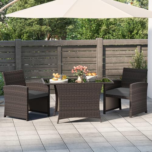 Tangkula 3 Piece Patio Wicker Dining Set, 2 Rattan Chairs with Rectangle Temp...