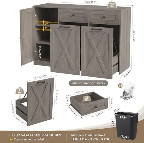 HOSTACK 12.5 Gallon Trash Can Cabinet, 47" W Dual Garbage Can Cabinet, Grey