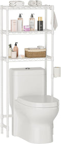 Over The Toilet Shelf,3-Tier Adjustable Freestanding Metal Bathroom Organizer Shelves with Toilet Paper Holder & Hooks,Space-Saving for Narrow Small Bathroom,10”D x 24”W x 66”H,White