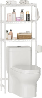 Over The Toilet Shelf,3-Tier Adjustable Freestanding Metal Bathroom Organizer Shelves with Toilet Paper Holder & Hooks,Space-Saving for Narrow Small Bathroom,10”D x 24”W x 66”H,White
