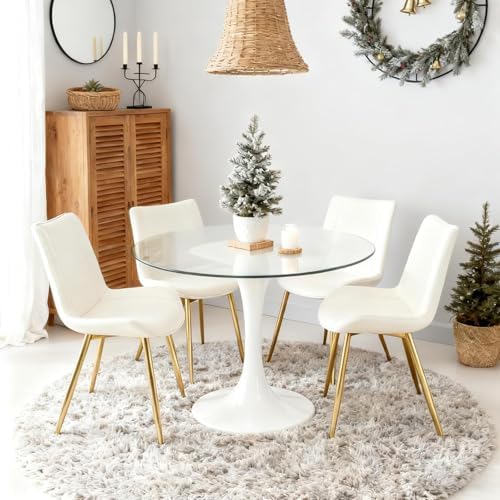 Dining Chairs Set of 2 PU Leather Armless Pearl White, Gold Legs
