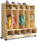 Kids Coat Locker with Bench – 10 Cubbies, 10 Hooks, Storage Organizer – Smooth Wood Finish, Hidden Casters – Ideal for Nursery, Home, Study Room – Large Size Natural Wood Color
