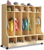 Kids Coat Locker with Bench – 10 Cubbies, 10 Hooks, Storage Organizer – Smooth Wood Finish, Hidden Casters – Ideal for Nursery, Home, Study Room – Large Size Natural Wood Color