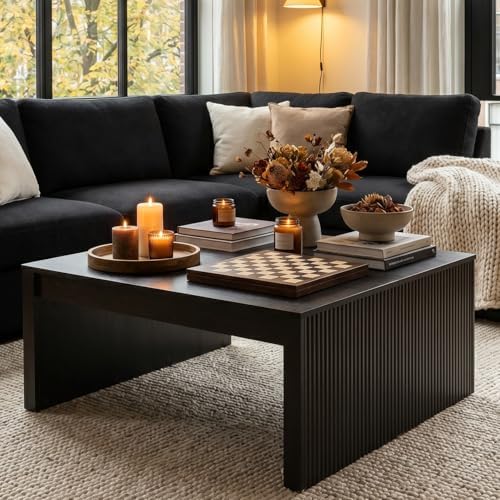 LITTLE TREE 39.4" Square Fluted Coffee Table, Mid-Century Modern Black C...