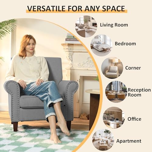 PrimeZone Comfy Accent Chairs Set of 2, Mid-Century Modern Arm Chair, Grey