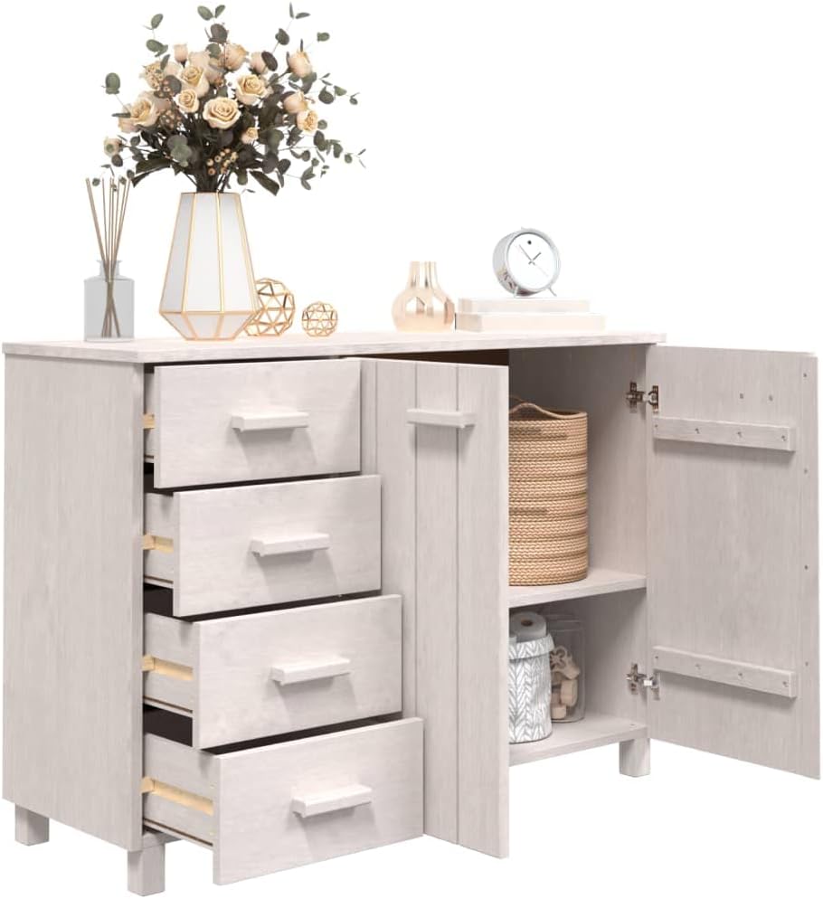 White Solid Pinewood and MDF Sideboard with 4 Drawers and 2 Doors, Modern Sto...