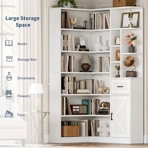 Garvee 74'' Tall Corner Bookshelf- 6-Tier Book Shelf with Drawer &amp...