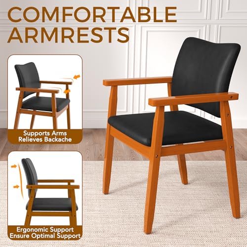 Dining Chairs with Arms Set of 4, Wood Frame Faux Leather Kitchen Chairs, Com...