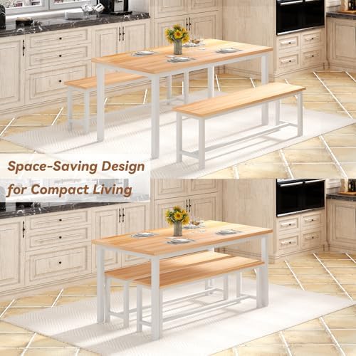 Recaceik 43.4" Dining Table Set for 4, Kitchen Table with 2 Benches, Walnut