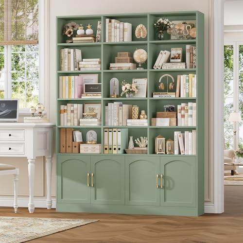 FACBOTALL 82.3" Triple Wide Bookshelf, Tall Bookcase with 4 Doors, Green
