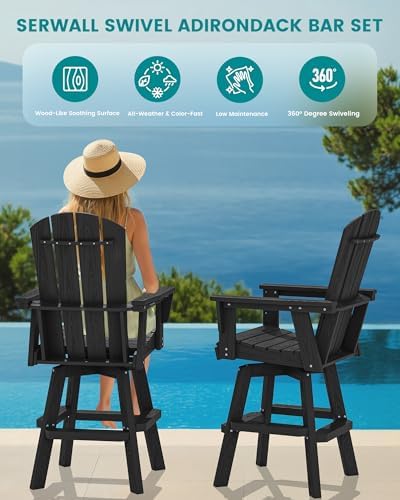 SERWALL 3-Piece Swivel Adirondack Bar Set, HDPE Swivel Bar Height Chairs Set ...
