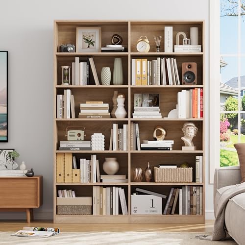 FACBOTALL Bookshelf Tall Bookcase, 6-Tier Double Wide Bookshelves,Light Oak