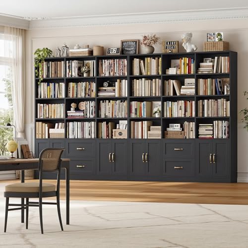 HOSTACK 71" Tall Triple Wide Bookshelf with Storage Drawers & Doors,...