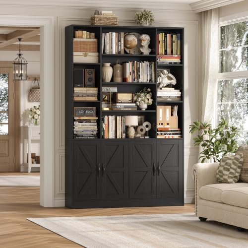 HOSTACK 72" Tall Bookshelf, Large Farmhouse Bookcase with Storage, Black