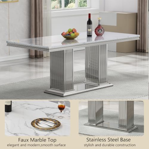 HomVent 68'' Silver Faux Marble Dining Table Set with 6 Grey Velvet C...