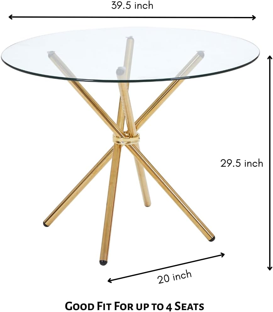 Round Glass Dining Table with Gold Criss Cross Legs, 39.5 Inch Modern Gold Ki...
