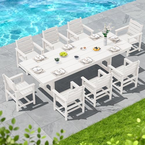 SERWALL 9Pcs 84" HDPE Outdoor Dining Set for 8 with Armchairs,White