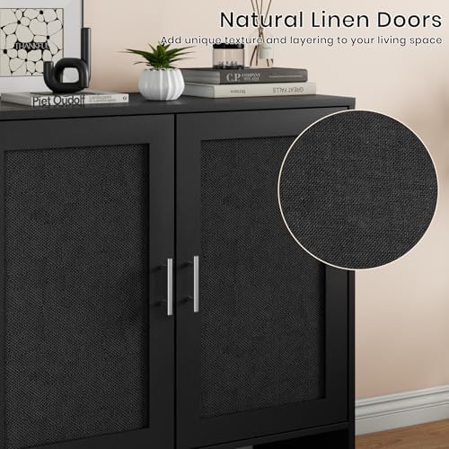 DHZ Buffet Cabinet with Storage, Farmhouse Sideboard with Black Rattan Doors ...