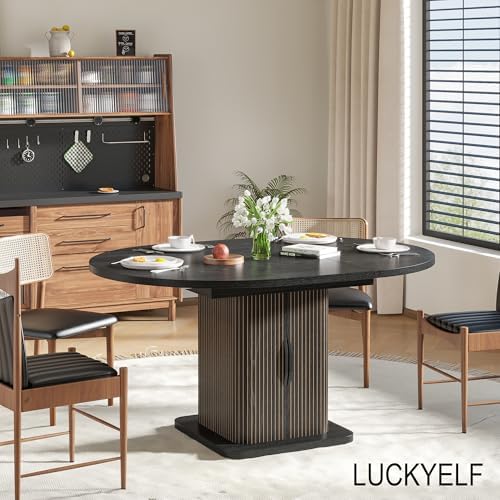 Extendable Black Round Dining Table for 4-6-8, 59 Inch Kitchen Dining Room Ta...