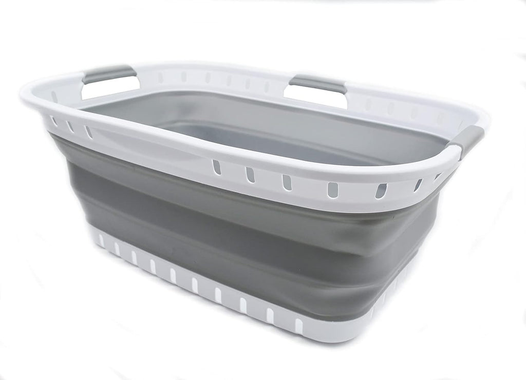 SAMMART 44L Collapsible Plastic Laundry Basket - Foldable Pop Up Storage Container/Organizer - Portable Washing Tub - Space Saving Hamper/Basket (1, White/Grey), Size: 25.4 x 17.3 x 10.2 inches