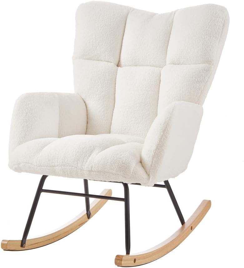 Glider Chair for Living Room Tufted Upholstered Teddy Fabric Rocking Chair wi...