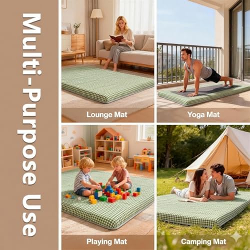 Green Gingham Japanese Floor Mattress, Twin Size 39" x 80", 3.5" Thick | High Density Foam Futon Mattress, Foldable Tatami Sleeping Pad, Farmhouse Style Roll Up Floor Bed for Dorm Guest Room