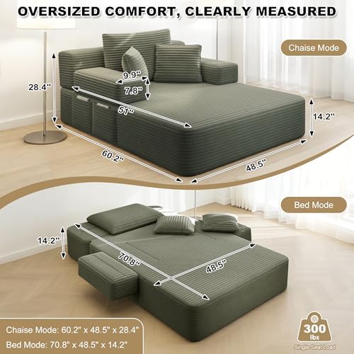 60.2" Oversized Chaise Lounge Chair, Corduroy Cloud Couch, Deep Seat Con...