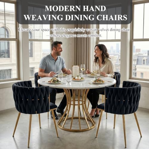 Hand-Woven Dining Chairs Set of 2,Dining Room Chairs with Gold Leg | Velvet E...