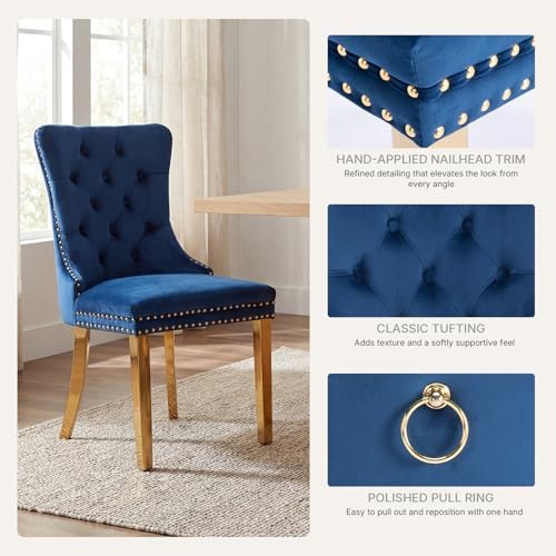 Blue Velvet Dining Chairs Set of 6, Fabric Upholstered Kitchen & Dining R...
