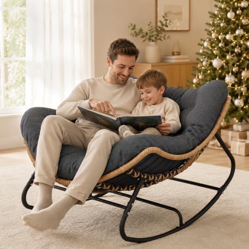 SWITTE Papasan Rocking Chair, Outdoor Wicker Egg Rocker with Cushion, Grey | ...
