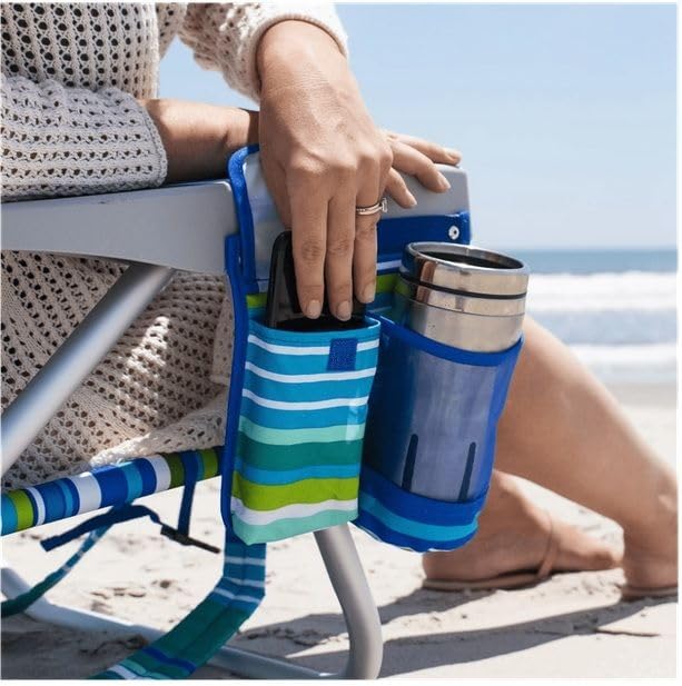 Tommy Bahama 5 Position Beach Chair, Zippered Insulated Cargo Pouch, Cup and Cell Phone Holders, Towel Bar, Pillow for Extra Comfort, Heavy-Duty Weight Capacity, 2-Pack (Aqua Stripes)