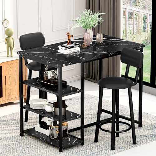 Recaceik Pub Dining Table Set for 2, Table and Bar Stools with 3 Storage Shel...