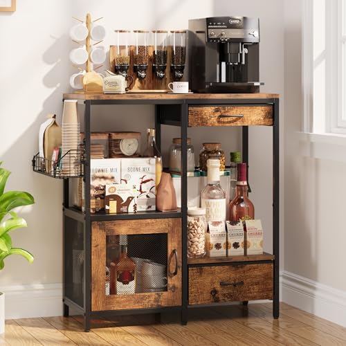 Coffee Bar Table Station, Small Coffee Cabinet with 2 Drawers & 1 Door, K...
