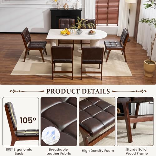 Furniliving Oak Wooden Dining Chairs Set of 2, Mid-Century Modern Leather Uph...