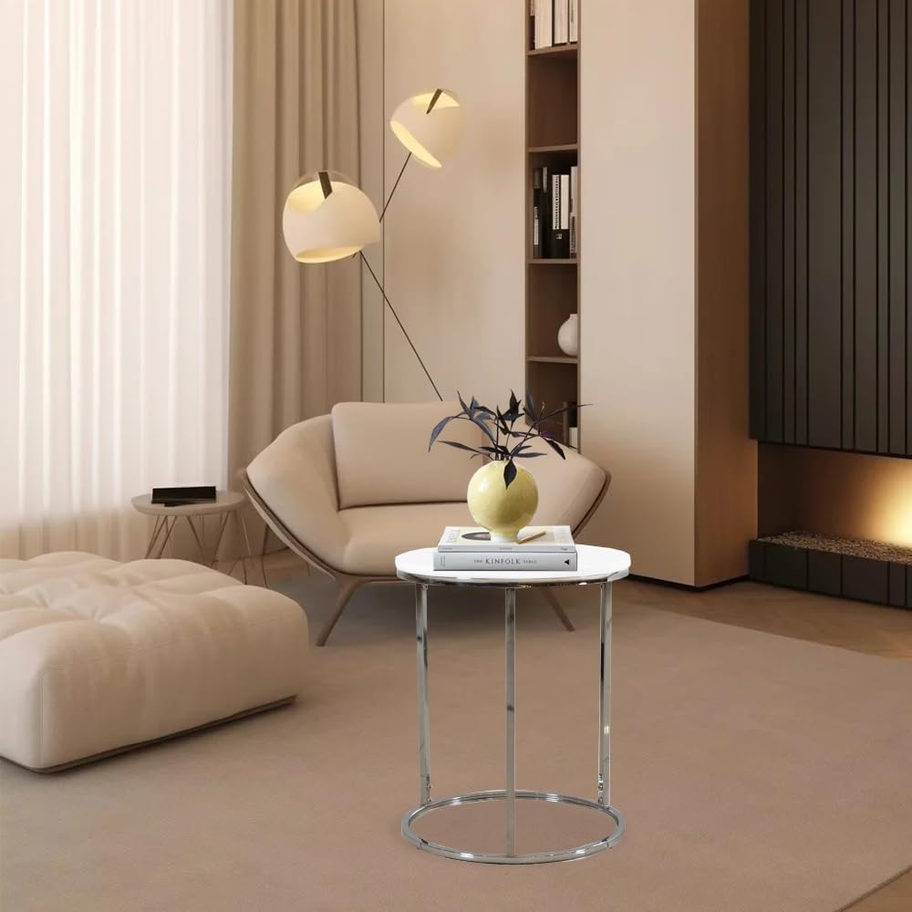 Nesting Coffee Table Set of 2 White Silver | Round Stacking Side Tables for S...